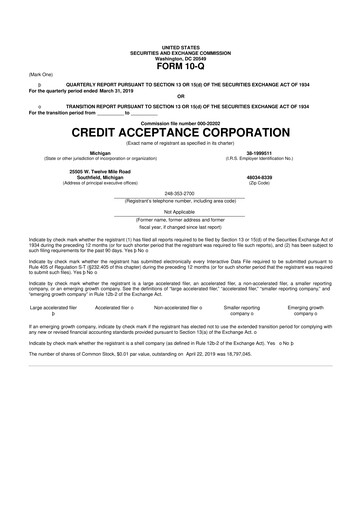 Thumbnail Credit Acceptance
 10-Q Quarterly Report FY2019 