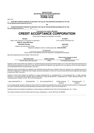 Thumbnail Credit Acceptance
 10-Q Quarterly Report FY2019 