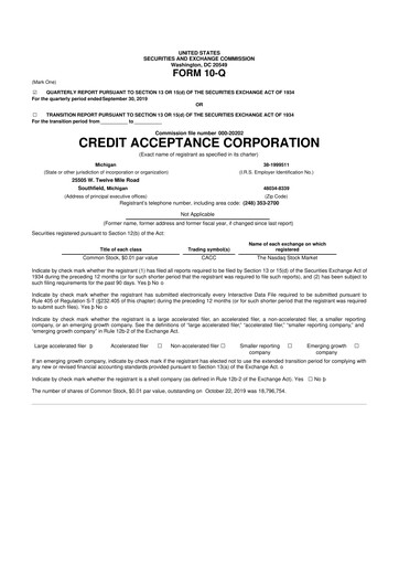 Thumbnail Credit Acceptance
 10-Q Quarterly Report FY2019 