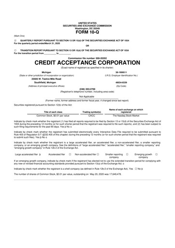 Thumbnail Credit Acceptance
 10-Q Quarterly Report FY2020 