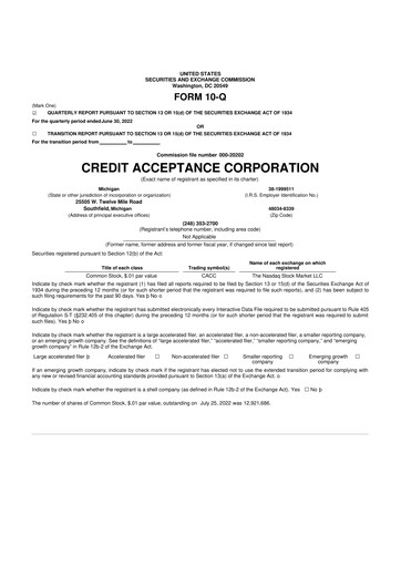 Thumbnail Credit Acceptance
 10-Q Quarterly Report FY2022 