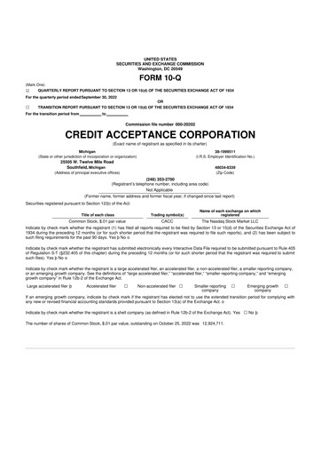 Thumbnail Credit Acceptance
 10-Q Quarterly Report FY2022 