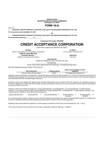 Thumbnail Credit Acceptance
 10-Q Quarterly Report FY 