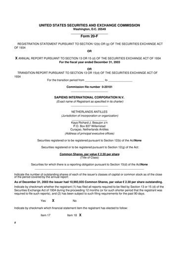 Thumbnail Sapiens International Corporation 20-F Annual Report 