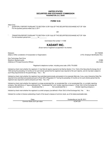 Thumbnail Kadant 10-Q Quarterly Report FY 