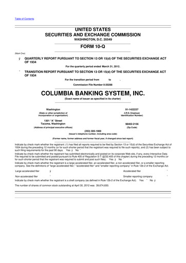 Thumbnail Columbia Banking System 10-Q Quarterly Report FY2012 