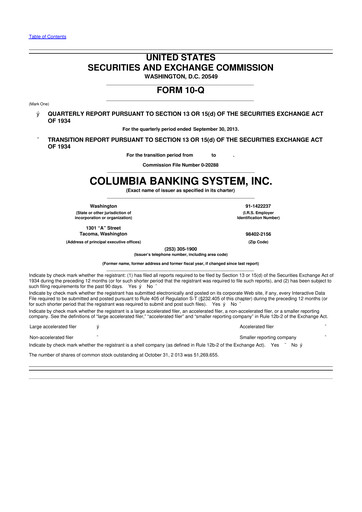 Thumbnail Columbia Banking System 10-Q Quarterly Report FY2013 