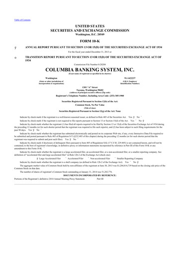 Thumbnail Columbia Banking System 10-K Annual Report 2013