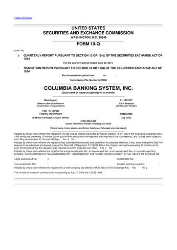 Thumbnail Columbia Banking System 10-Q Quarterly Report FY2014 