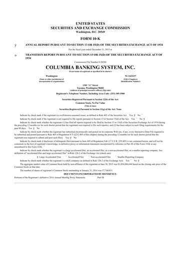 Thumbnail Columbia Banking System 10-K Annual Report 2015