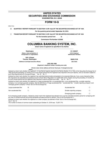 Thumbnail Columbia Banking System 10-Q Quarterly Report FY2018 