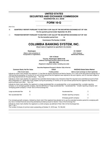 Thumbnail Columbia Banking System 10-Q Quarterly Report FY2019 