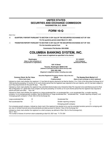 Thumbnail Columbia Banking System 10-Q Quarterly Report FY2021 