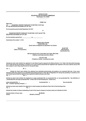 Thumbnail Omega Healthcare Investors 10-Q Quarterly Report FY2010 