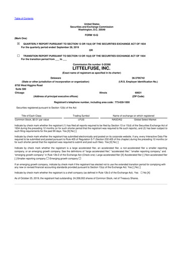 Miniature Littelfuse 10-Q Rapport trimestriel 2019 