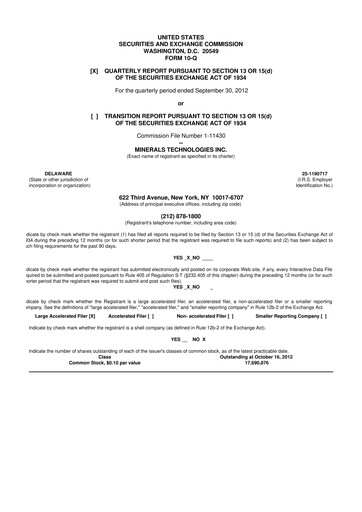 Thumbnail Minerals Technologies 10-Q Quarterly Report FY2012 