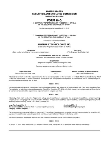 Thumbnail Minerals Technologies 10-Q Quarterly Report FY2019 