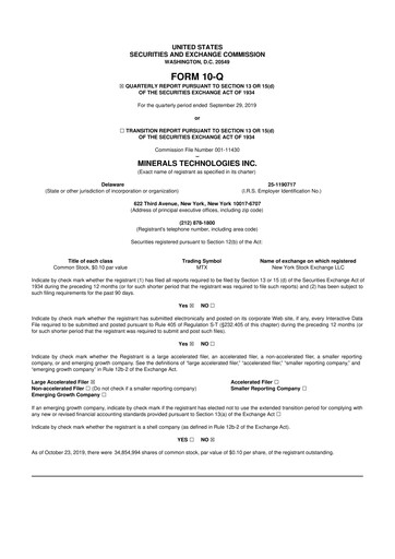 Thumbnail Minerals Technologies 10-Q Quarterly Report FY2019 