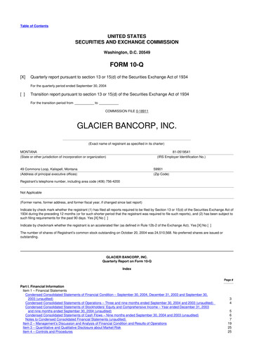 Miniature Glacier Bancorp
 10-Q Rapport trimestriel  