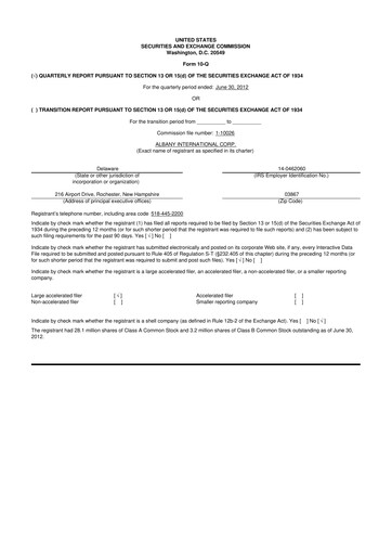 Thumbnail Albany International
 10-Q Quarterly Report FY2012 