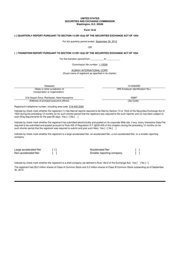 Thumbnail Albany International
 10-Q Quarterly Report FY2012 