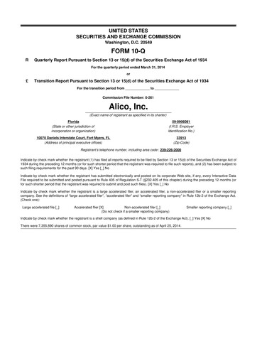 Thumbnail Alico
 10-Q Quarterly Report FY2014 