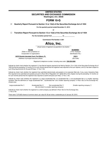 Thumbnail Alico
 10-Q Quarterly Report FY2015 