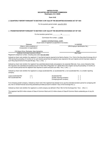 Thumbnail Albany International
 10-Q Quarterly Report FY2018 