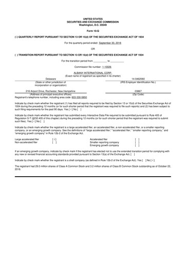 Thumbnail Albany International
 10-Q Quarterly Report FY2018 