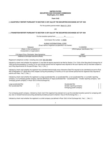 Thumbnail Albany International
 10-Q Quarterly Report FY2019 