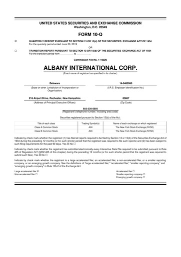 Thumbnail Albany International
 10-Q Quarterly Report FY2019 
