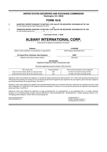 Thumbnail Albany International
 10-Q Quarterly Report FY2019 