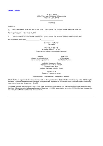 Thumbnail pets.com (IPET Holdings) 10-Q Quarterly Report FY 