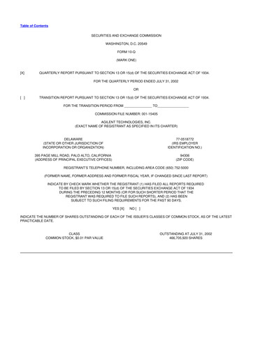 Vorschaubild Agilent Technologies 10-Q Quartalsbericht  