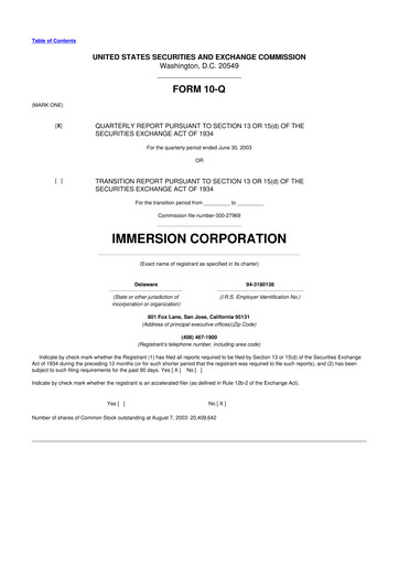 Miniature Immersion Corporation
 10-Q Rapport trimestriel  