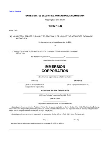 Miniature Immersion Corporation
 10-Q Rapport trimestriel  