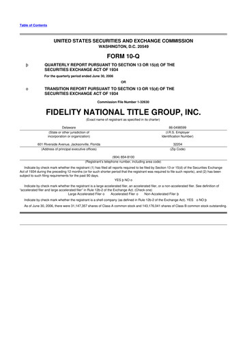 Thumbnail Fidelity National Financial
 10-Q Quarterly Report FY 
