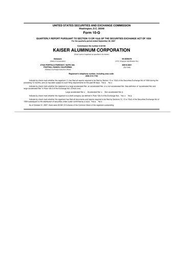 Thumbnail Kaiser Aluminum
 10-Q Quarterly Report FY 