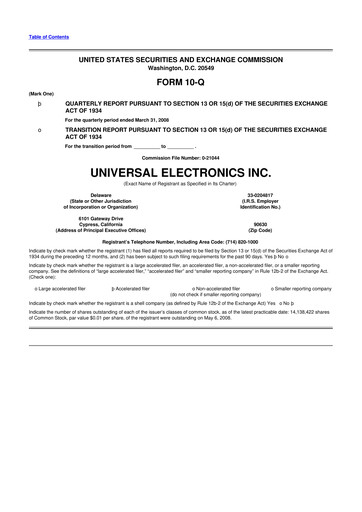 Thumbnail Universal Electronics 10-Q Quarterly Report FY 