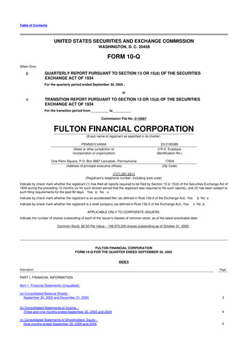 Thumbnail Fulton Financial 10-Q Quarterly Report FY 