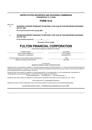 Thumbnail Fulton Financial 10-Q Quarterly Report FY 
