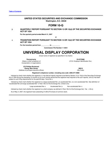 Miniature Universal Display Corporation
 10-Q Rapport trimestriel  