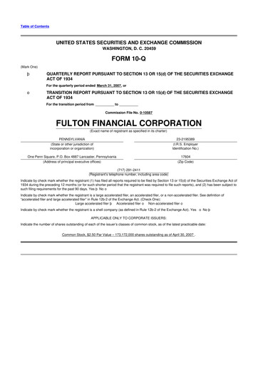 Thumbnail Fulton Financial 10-Q Quarterly Report FY 