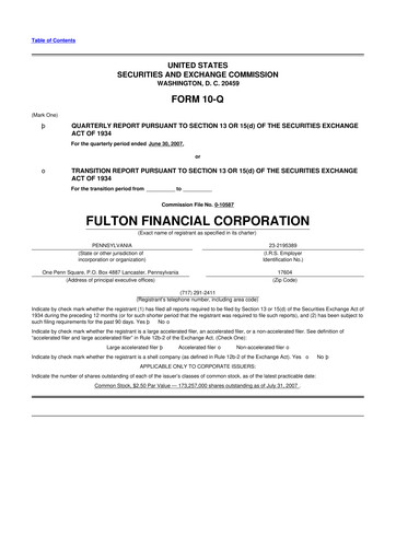 Thumbnail Fulton Financial 10-Q Quarterly Report FY 