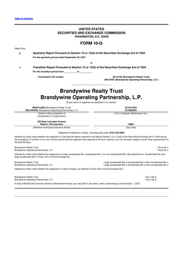 Thumbnail Brandywine Realty Trust
 10-Q Quarterly Report FY 