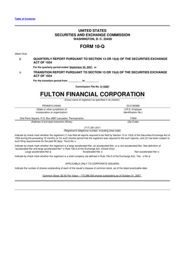Thumbnail Fulton Financial 10-Q Quarterly Report FY 