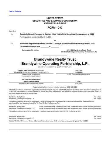 Thumbnail Brandywine Realty Trust
 10-Q Quarterly Report FY 