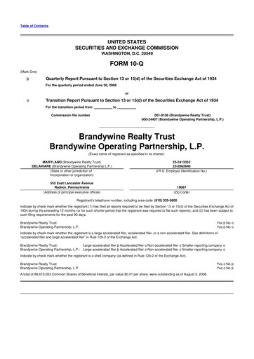 Thumbnail Brandywine Realty Trust
 10-Q Quarterly Report FY 
