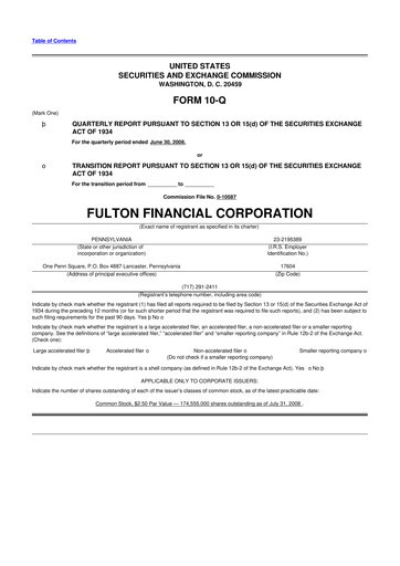 Thumbnail Fulton Financial 10-Q Quarterly Report FY 