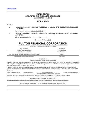 Thumbnail Fulton Financial 10-Q Quarterly Report FY 